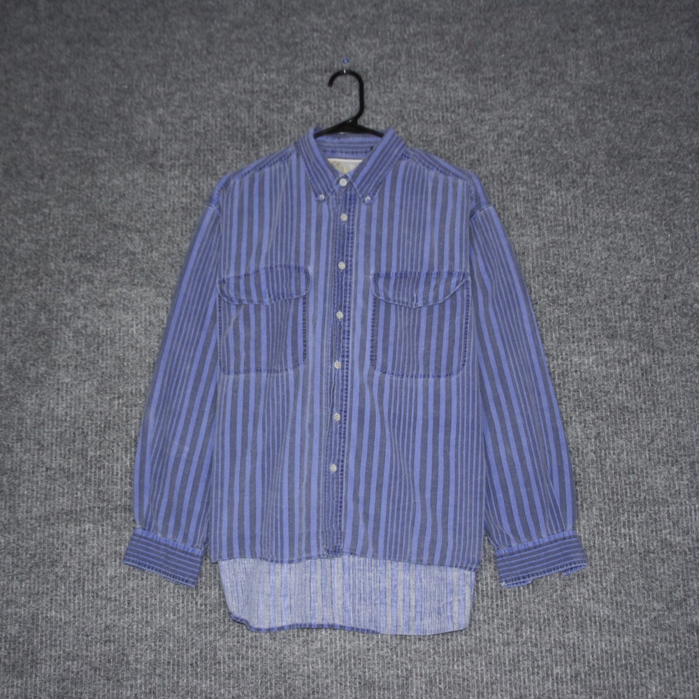 Pier Connection Mens Medium Striped‎ Button Down Shirt 100% Cotton Blue Gray